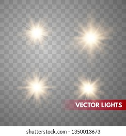 Set of Glowing Light Stars with Sparkles. Golden Light effect. Vector Illustration