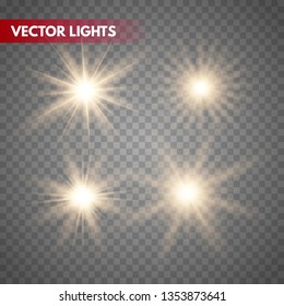 Set of Glowing Light Stars with Sparkles. Golden Light effect. Vector Illustration