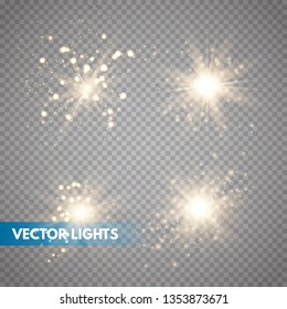Set of Glowing Light Stars with Sparkles. Golden Light effect. Vector Illustration