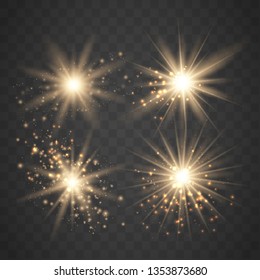 Set of Glowing Light Stars with Sparkles. Golden Light effect. Vector Illustration