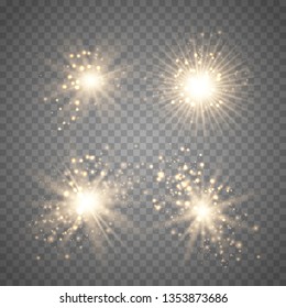 Set of Glowing Light Stars with Sparkles. Golden Light effect. Vector Illustration