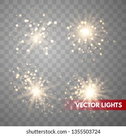Set of Glowing Light Stars with Sparkles. Golden Light effect. Vector Illustration
