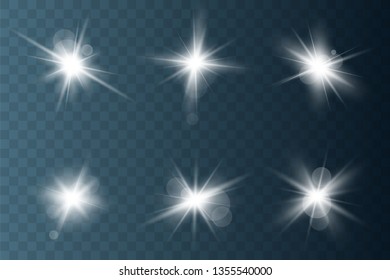 Set of Glowing Light Stars with Sparkles. Light effect. Vector Illustration..