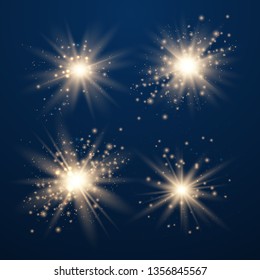 Set of Glowing Light Stars with Sparkles. Golden Light effect. Vector Illustration