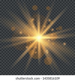 Set of Glowing Light Stars with Sparkles. Golden Light effect. Vector Illustration