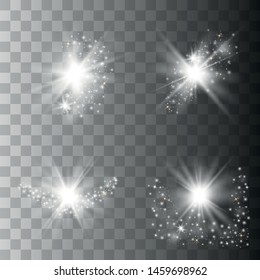 Set of Glowing Light Stars with Sparkles. White Light effect. Glow light effect. Star burst with sparkles.Sun.