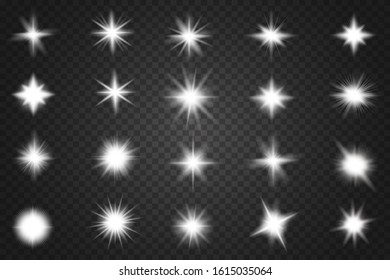 Set of Glowing Light Stars with Sparkles. Lens flares, rays, stars and sparkles with bokeh collection