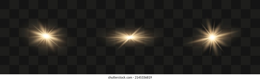 Set of glowing light stars with sparkles. Transparent shining sun, star explodes and bright flash. Golden bright illustration starburst.