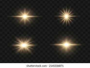 Set of glowing light stars with sparkles. Transparent shining sun, star explodes and bright flash. Golden bright illustration starburst.