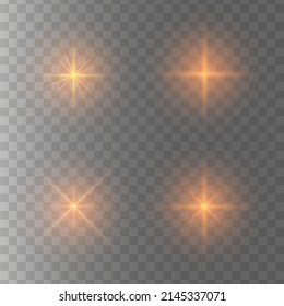 Set of glowing light stars with sparkles. Transparent shining sun, star explodes and bright flash. Golden bright illustration starburst.