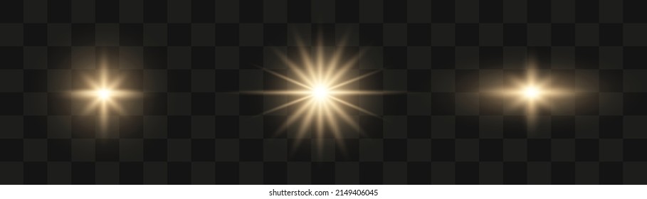 Set of glowing light stars with sparkles. Transparent shining sun, star explodes and bright flash. Gold bright illustration starburst.