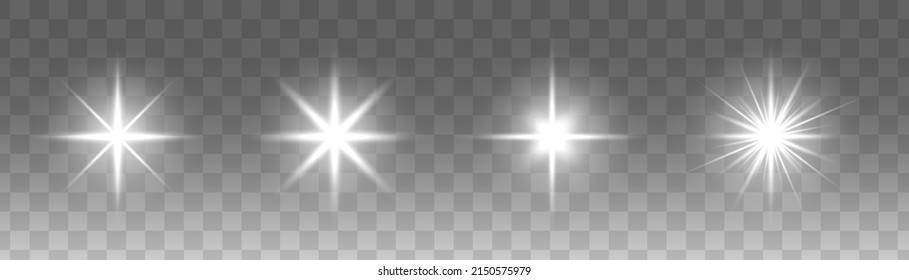 Set of glowing light stars with sparkles. Transparent shining sun, star explodes and bright flash. White bright illustration starburst.