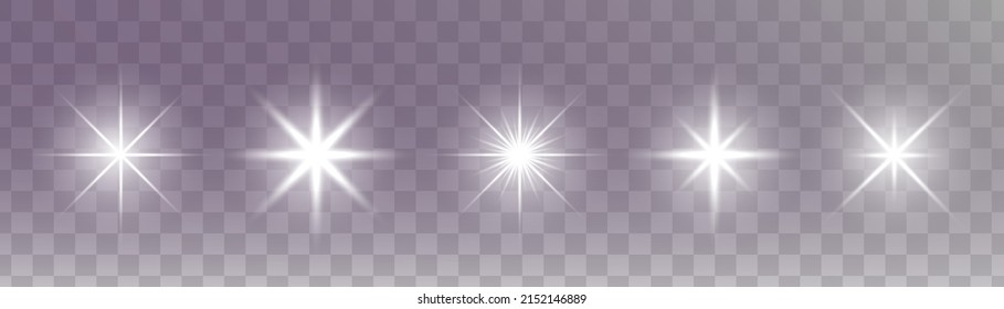 Set of glowing light stars with sparkles. Transparent shining sun, star explodes and bright flash. White bright illustration starburst.
