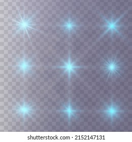 Set of glowing light stars with sparkles. Transparent shining sun, star explodes and bright flash. Blue bright illustration starburst.