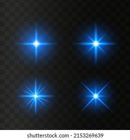 Set of glowing light stars with sparkles. Transparent shining sun, star explodes and bright flash. Blue bright illustration starburst.