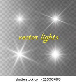 Set of glowing light stars with sparkles. Transparent shining sun, star explodes and bright flash. White bright illustration starburst.
