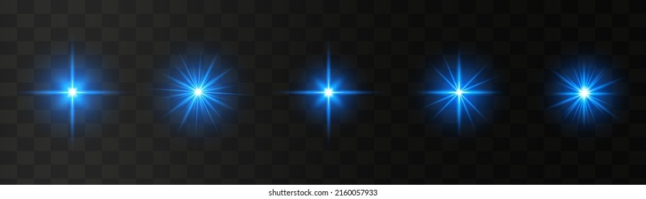 Set of glowing light stars with sparkles. Transparent shining sun, star explodes and bright flash. Blue bright illustration starburst.