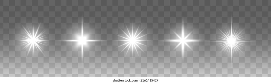 Set of glowing light stars with sparkles. Transparent shining sun, star explodes and bright flash. White bright illustration starburst.