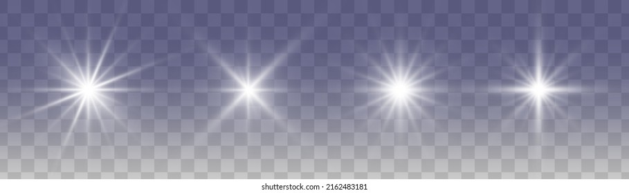 Set of glowing light stars with sparkles. Transparent shining sun, star explodes and bright flash. White bright illustration starburst.
