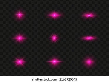 Set of glowing light stars with sparkles. Transparent shining sun, star explodes and bright flash. Pink bright illustration starburst.