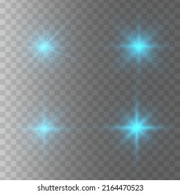 Set of glowing light stars with sparkles. Transparent shining sun, star explodes and bright flash. Blue bright illustration starburst.