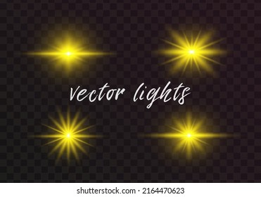 Set of glowing light stars with sparkles. Transparent shining sun, star explodes and bright flash. Yellow bright illustration starburst.