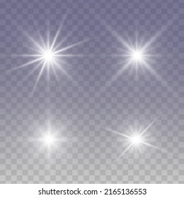 Set of glowing light stars with sparkles. Transparent shining sun, star explodes and bright flash. White bright illustration starburst.