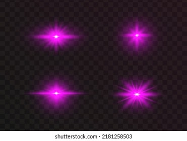 Set of glowing light stars with sparkles. Transparent shining sun, star explodes and bright flash. Fiolet bright illustration starburst.