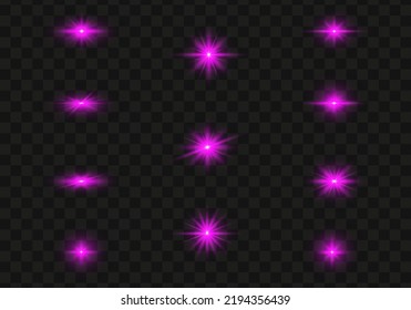 Set of glowing light stars with sparkles. Transparent shining sun, star explodes and bright flash. Purpur bright illustration starburst.