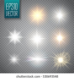 Set of Glowing Light Stars with Sparkles Vector Illustration