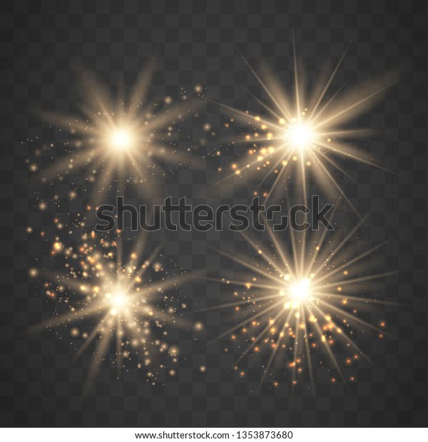 輝く光る星と輝きのセット 金色のライトエフェクト ベクターイラスト のベクター画像素材 ロイヤリティフリー