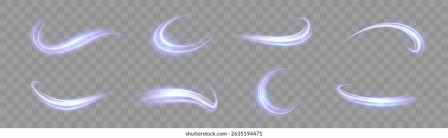 Um conjunto de raios de luz brilhantes em cores violeta e azul com transparência suave. Ideal para efeitos de movimento, partículas mágicas, fluxos de energia ou realces abstratos.