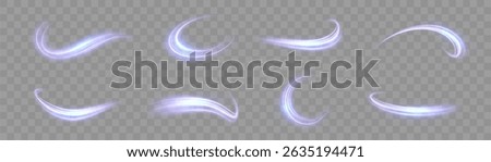 A set of glowing light swirls in violet and blue colors with smooth transparency. Ideal for motion effects, magical particles, energy flows or abstract highlights.