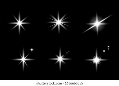 Set of glowing light white effects with transparency isolated on plaid vector background. Lens flares, rays, stars and sparkles with bokeh collection