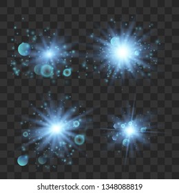 Set of glowing lights effects isolated on transparent background. Glowing lights effect, flare, explosion and stars. Bright Star.
