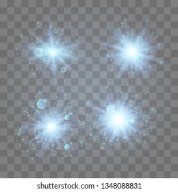Set of glowing lights effects isolated on transparent background. Glowing lights effect, flare, explosion and stars. Bright Star.