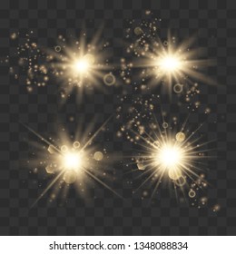 Set of glowing lights effects isolated on transparent background. Glowing lights effect, flare, explosion and stars. Bright Star.