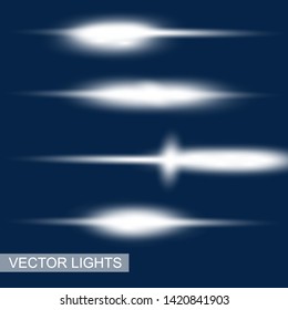 Set of glowing lights effects isolated on blue background. Sun flash with rays and spotlight. Glow light effect. Star burst with sparkles.