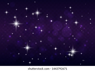 Set of glowing lights effects isolated on transparent background. Night sky with stars. Star burst with sparkles.