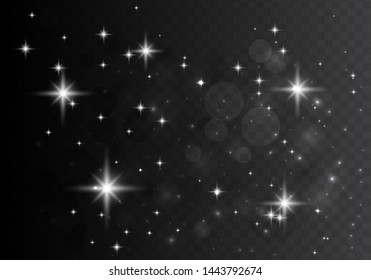 Set of glowing lights effects isolated on transparent background. Night sky with stars. Star burst with sparkles.