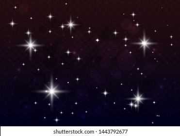 Set of glowing lights effects isolated on transparent background. Night sky with stars. Star burst with sparkles.