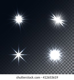 Set of glowing lights effects isolated on transparent background. Special effects with transparency. Glowing lights, lens flares, rays, stars, sparkles and bokeh collection. Vector illustration