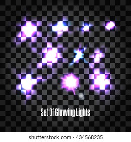 Set Of Glowing Lights Effects Isolated On Transparent Background. Glowing Lights, Lens Flares, Rays, Stars, Sparkles And Bokeh. Vector Illustration