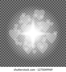 Set of  glowing lights hearts, effects isolated on transparent background. Sun flash with rays and spotlight. Glow light effect. Star burst with sparkles and hearts.