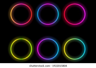 Set of glowing lights neon circles multicolor gradient blue pink yellow red magenta purple vector illustration.