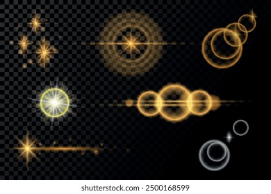 Set of glowing lights, stars and sparkles. Vector illustration on transparent background