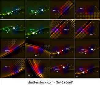 Set of glowing lines in dark space with sparkling, lens flares and glittering