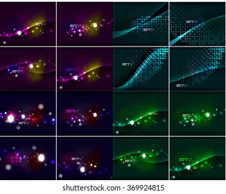 Set of glowing lines in dark space with sparkling, lens flares and glittering