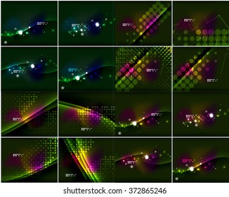 Set of glowing lines in dark space with sparkling, lens flares and glittering