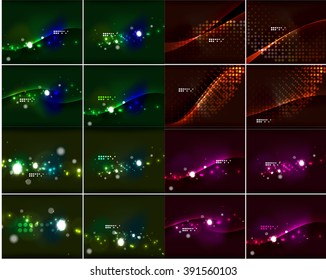Conjunto de líneas brillantes en el espacio oscuro con destello, bengalas de lente y brillo. Fondos vectores
